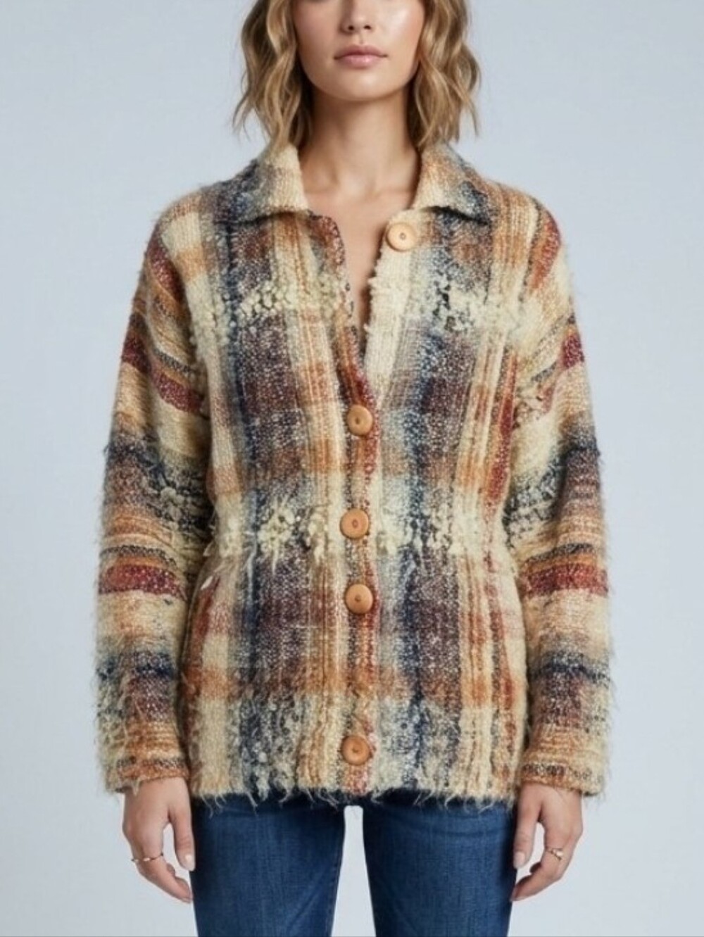 Elizabeth Jenkins Taos Jacket Plaid Wool Blend Artisan Tan Multicolor Size XL